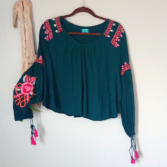 Anthropologie Tops - Anthropologie Green Top with Pink Embroidery